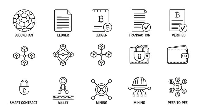 Cryptocurrency and blockchain technology icons.