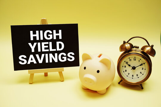 High Yield Savings text message with alarm clock and piggy bank on yellow background