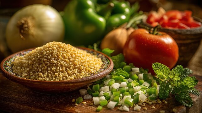 culinary artistry, close-up of uncooked bulgur grains spilling amidst fresh veggies on counter