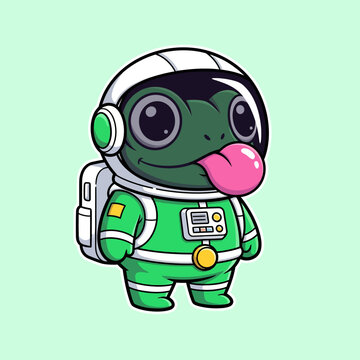 Cute anthropomorphic green frog cartoon character in a detailed astronaut suit with a white helmet and backpack, sticking out its pink tongue, on a light green background.