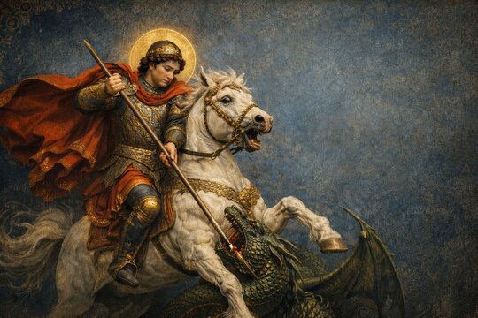 Saint George slaying the dragon on a rearing white horse in sacred icon art, Orthodox religious  icon with copy space