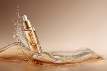 Fototapeta premium Glass serum bottle with pipette standing in golden liquid splash on beige background. Beauty concept with hydration, glow and premium care.