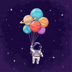 Naklejka premium Vector illustration of a cute cartoon astronaut character in a white spacesuit holding a cluster of colorful planet-shaped balloons, floating in a dark, star-filled outer space scene.