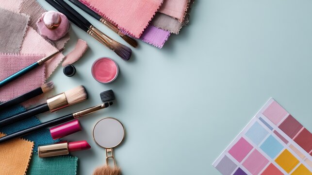makeup and color theory, flat lay of color analysis tools and cosmetics on a pastel background
