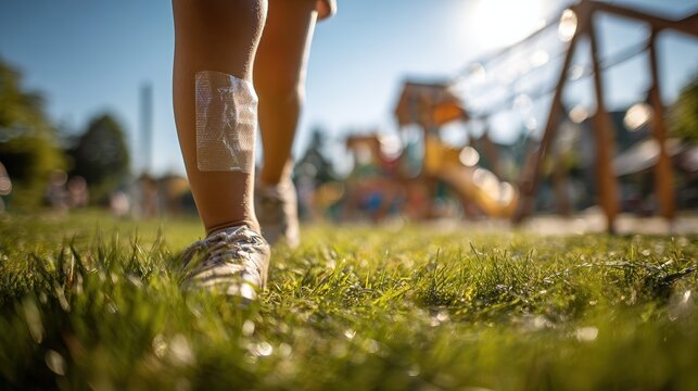 childs resilience, childs scraped knee with clear liquid bandage in sunny playground