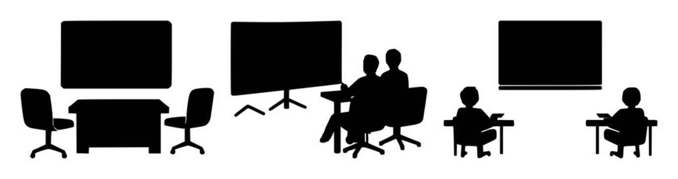Virtual classroom set with a solid black icon featuring an online education platform, e-learning, digital school with internet and laptop