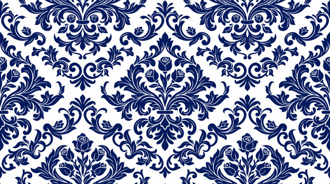 Intricate blue and white damask seamless pattern suitable for textiles and wallpapers.