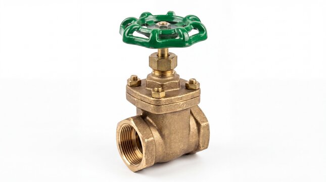 A sturdy brass gate valve with a prominent green circular handle for industrial plumbing control