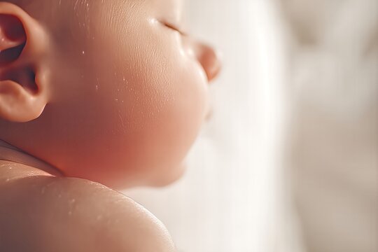 Macro Close-up of Sleeping Newborn Baby Face Profile Showing Skin Texture and Peach Fuzz