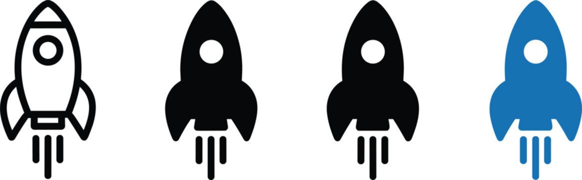 Rocket launch icon set featuring outline and silhouette spaceship designs for startup business growth project kick off and fast creative technology performance boost.