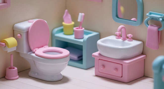 Colorful miniature bathroom set with pink toilet and sink in playful design