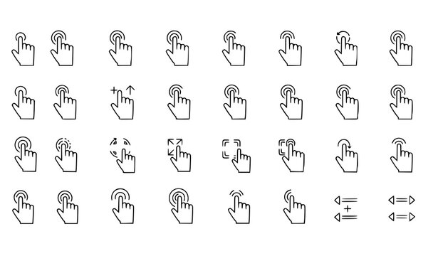 Touchscreen gesture line icon set with tap swipe drag zoom and multitouch symbols editable stroke vector