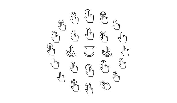 Modern circular hand cursor icons with touch gestures swipe zoom and click symbols line art vector set