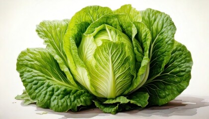 Obraz premium Fresh Green Lettuce Head, Crisp Leafy Vegetable Isolated on White Background, Healthy Food Ingredient for Salads