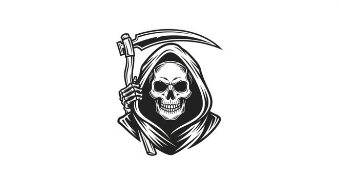 Grim Reaper Skull Wearing Hooded Cloak Holding Scythe.