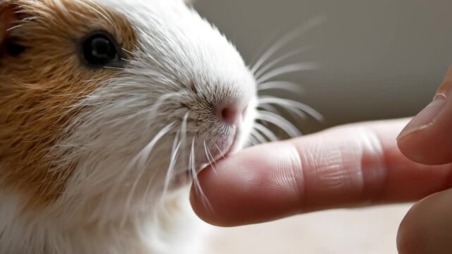 Cute guinea pig sniffing a human finger in close up. 4K Video.