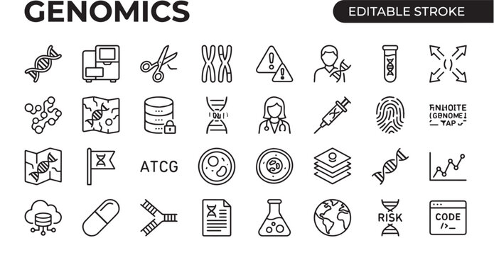  Genomics DNA Gene Science Outline Line Icons Set Monochrome Vector