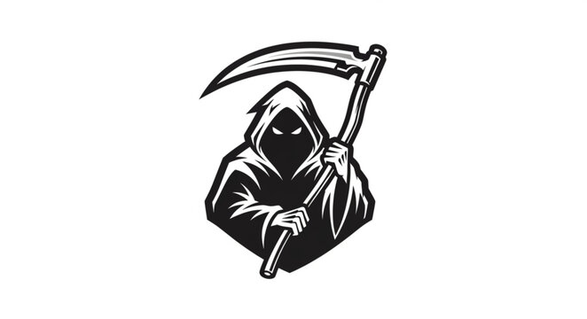 Grim Reaper Hooded Figure Holding Large Scythe Illustration.