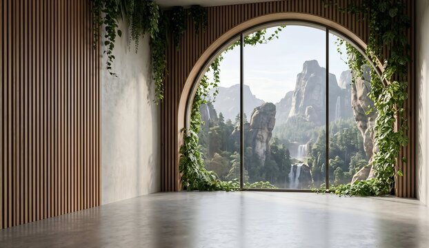 Zen Minimalist Interior with Mountain View and Vines