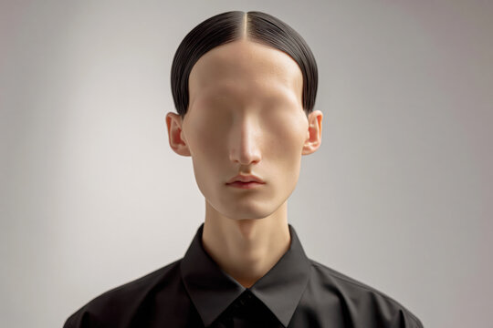 Surreal minimalist portrait of a faceless person in black shirt