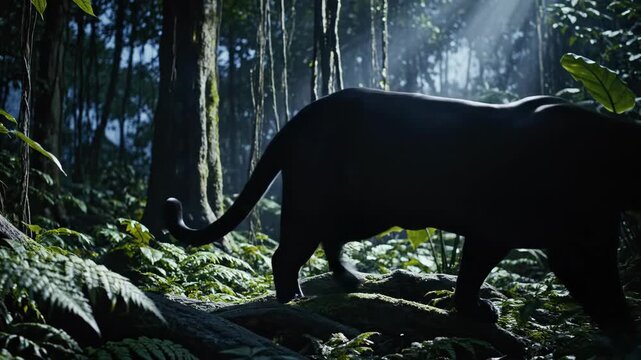 Black panther prowling in lush, dense rainforest under dappled sunlight filtering through canopy