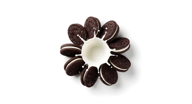 Biskuit cokelat bundar susunan melingkar bunga cipratan susu segar lezat konsep sarapan manis hidangan penutup kreatif fotografi makanan studio makro