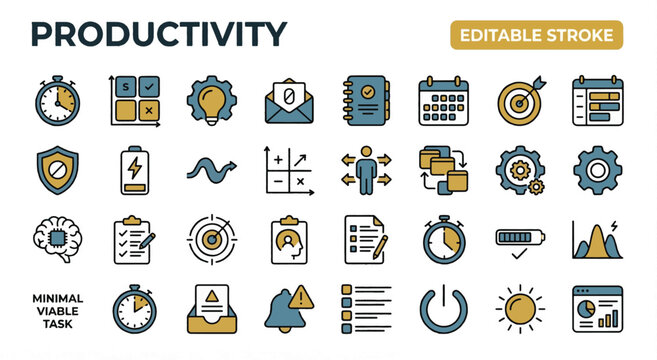  A professional two-tone line icon set featuring 30 productivity and time management icons. Includes Pomodoro timer clock, task priority matrix, deep work focus mode, inbox zero envelope, daily planne