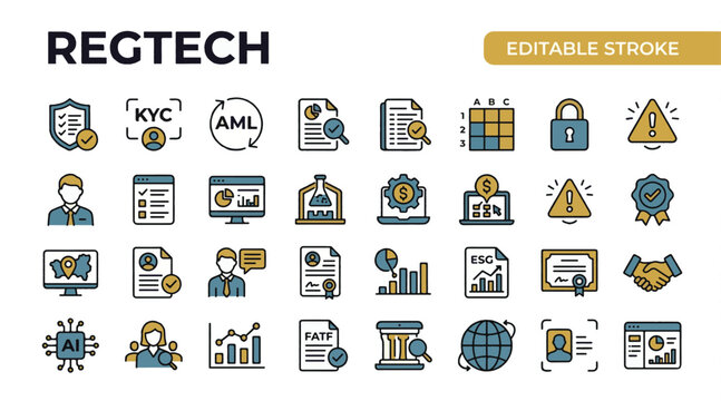  A professional two-tone line icon set featuring 30 RegTech and compliance regulatory technology icons. Includes compliance checklist shield, KYC identity verification, AML anti-money laundering, regu