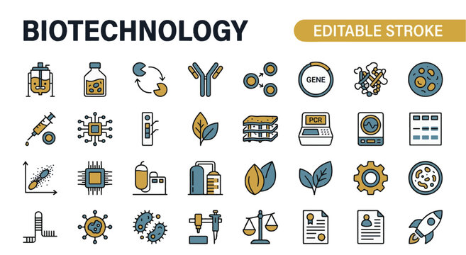 A professional two-tone line icon set featuring 30 biotechnology and life science research icons. Includes bioreactor fermentation tank, cell culture flask, enzyme reaction arrows, monoclonal antibody