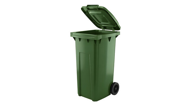 Green plastic garbage bin with open lid for waste management and sanitation concept isolated on white background
