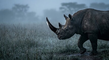 Obraz premium Black rhinoceros with blade horn emerging from mist dramatic wildlife fantasy concept