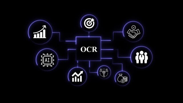 OCR Concept with Neon Glowing Icons and Connected Devices Network Futuristic Animation