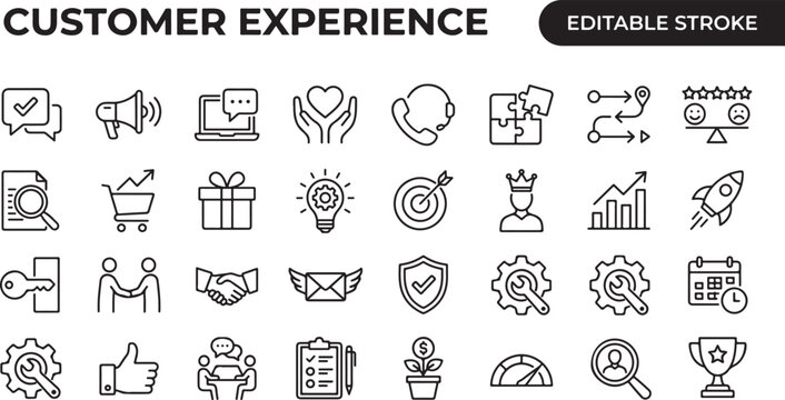 A professional monochrome line icon set featuring 30 customer experience and service design icons with black outline strokes only. Includes customer journey map path, NPS score meter, satisfaction smi