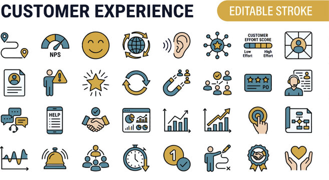  A professional two-tone line icon set featuring 30 customer experience and service design icons. Includes customer journey map, NPS score meter, satisfaction smiley face, omnichannel globe arrows, vo
