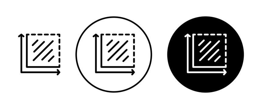 Area and dimension icons set in black and blue colors on white background
