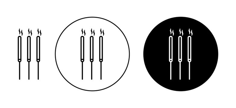 Burning incense stick icons set in black and blue colors on white background