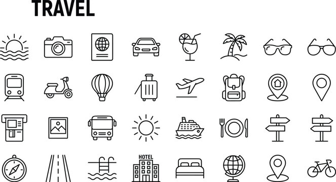  Travel tourism icons set, vacation transportation leisure accommodation food adventure exploration vector illustration for design and planning projects
