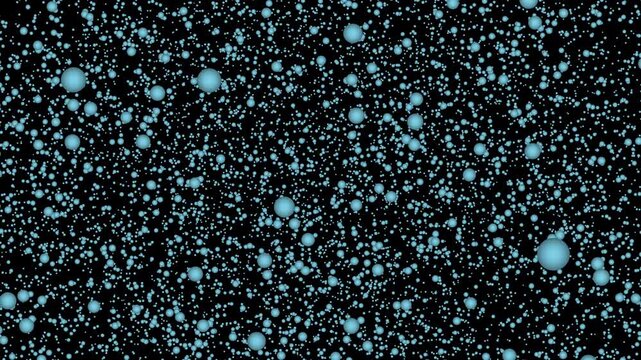 Dynamically Moving Blue Particles on Black Background as they Interacting and Move Through Empty Space. Abstract Visualisation of Quantum Microscopic World.