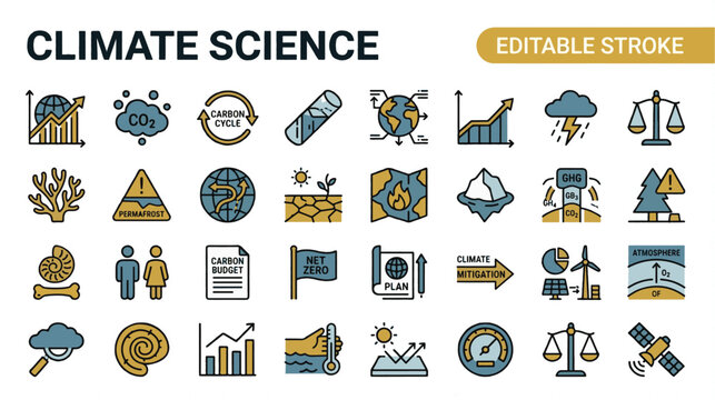  A professional two-tone line icon set featuring 30 climate science and global warming icons. Includes global temperature graph, CO2 molecule, carbon cycle arrows, ice core sample, climate model simul