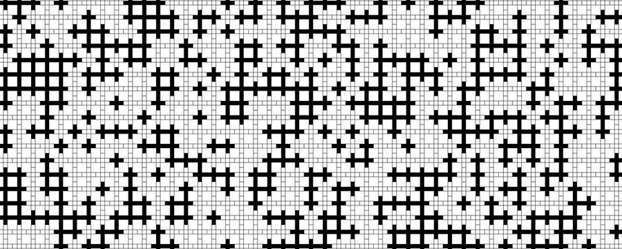 Abstract Christian Cross Background Pattern Texture, Black And White Pixel Grid BG With Plus Cross Motif, Minimal Backdrop Wallpaper For Church, Faith, Memorial, Program Design. Vector Illustration.