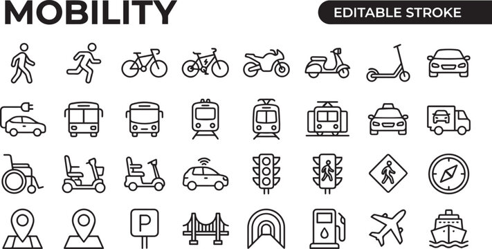  professional monochrome line icon set featuring 30 smart mobility and future transportation icons with black outline strokes only. Includes autonomous self-driving car, electric bus charging, hyperlo