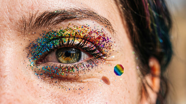 Close-up of a female eye with vibrant rainbow glitter makeup and pride symbol for LGBTQ+ concept