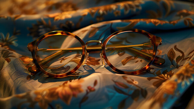 Tortoiseshell glasses on floral fabric, stylish eyewear