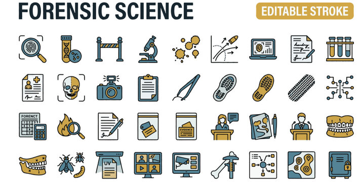 A professional two-tone line icon set featuring 30 forensic science and criminal investigation icons. Includes fingerprint scan magnifier, DNA evidence sample, crime scene tape, forensic lab microscop