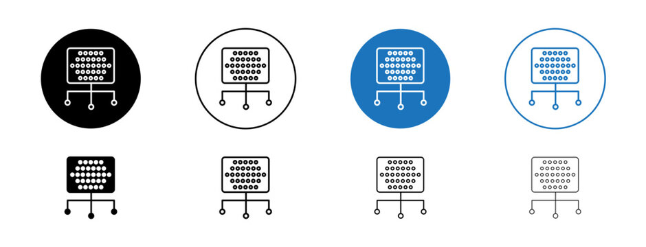 Content management icons set in black and blue colors on white background