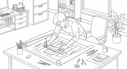 Architect at Drafting Table Working on Blueprints.