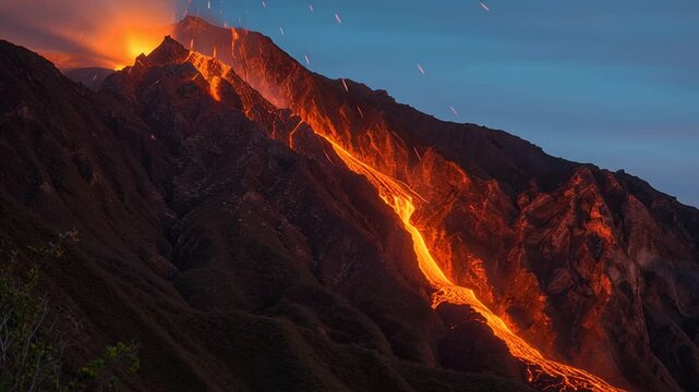 Molten lava river flows down volcano, glowing orange channel carves rocky slope, ember shower and smoke plume rise into dusk sky aerial cinematic framing