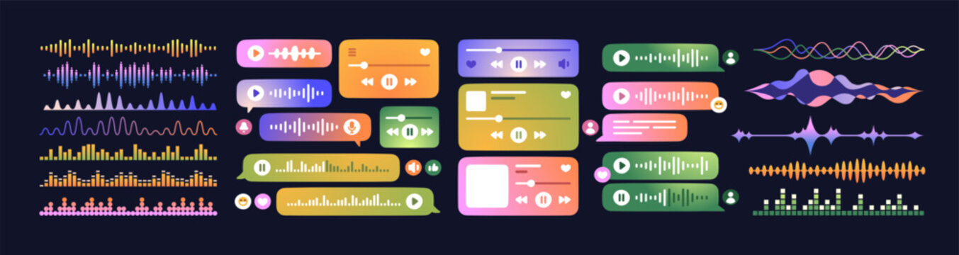 Set of sound waves, voice messages and audio tracks. Music play and pause, players streaming. Audible records, podcasts, soundtrack waveforms. Flat vector illustrations isolated on black background