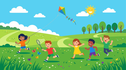 Obraz premium This heartwarming flat design illustration captures the pure joy of children playing outdoors in a sunny midsummer field, embodying the carefree spirit of the season. 