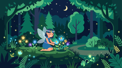Naklejka premium This enchanting flat design illustration brings to life whimsical midsummer folklore, featuring magical elements like a fairy or gnome and glowing flowers in a forest clearing. 